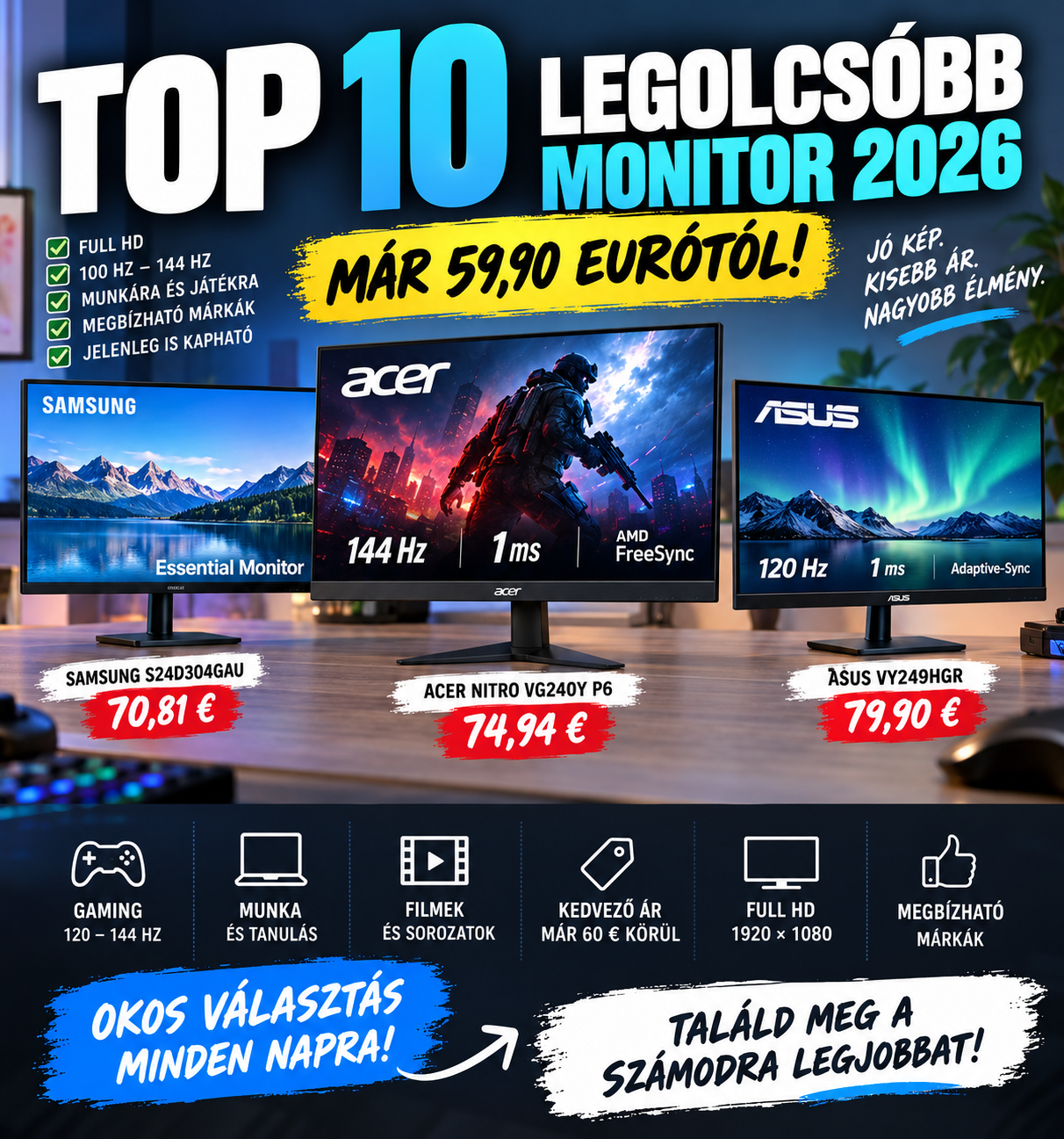 TOP 10 legolcsóbb monitor 2026-ban – már 59,90 eurótól